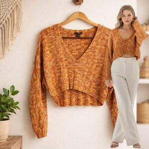 🛍️ FOREVER 21 orange cropped, long sleeve oversize cardigan stretchy sweater med